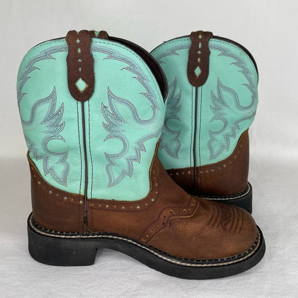 Justin Gypsy Boots Women’s 7B Brown Turquoise Blue Leather Embroidered Western - Picture 7 of 16